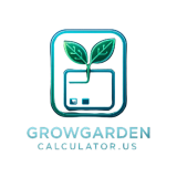 Futuristic neon-style GrowGardenCalculator.us logo featuring a digital calculator with glowing plant leaves.
