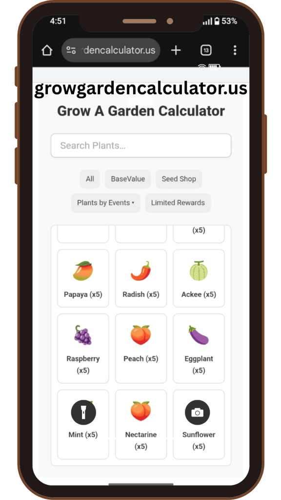 Player using grow a garden calculator to check plant values in the game