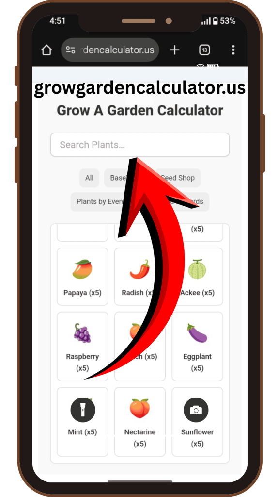Search or select plant option using grow a garden calculator for plant details