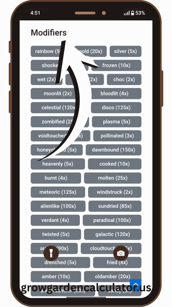 Choose a modifier for plants using grow a garden calculator to adjust values