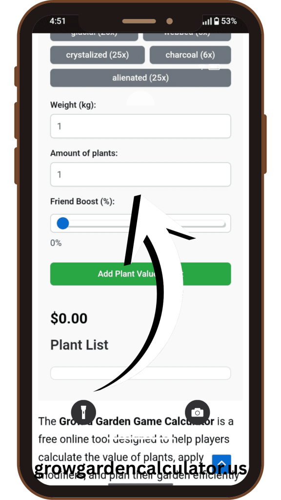 Enter weight and quantity of plants using grow a garden calculator for accurate results